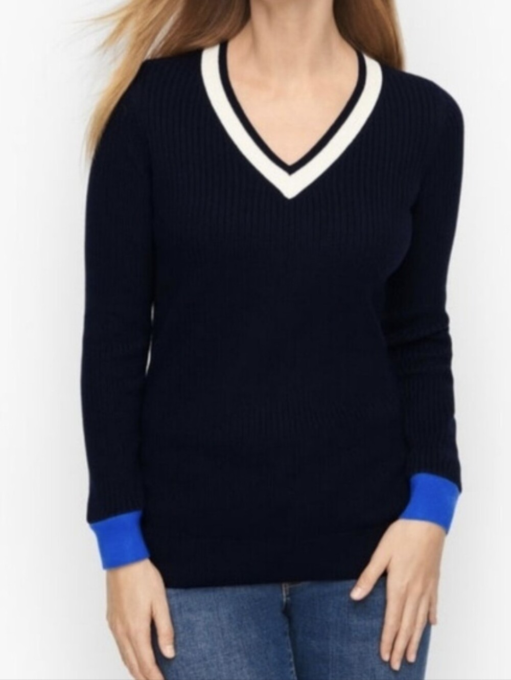 TALBOTS Tipped V-Neck Sweater navy blue size Large